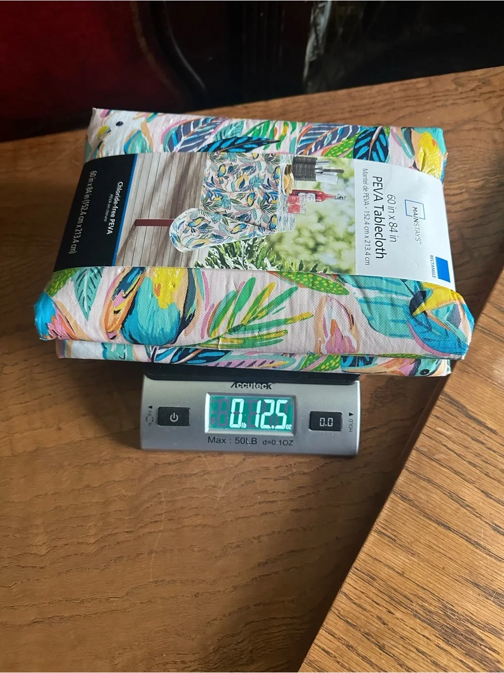 Mainstays Tropical Leaf PEVA Tablecloth in Blue, Green, Yellow, Pink & Cream